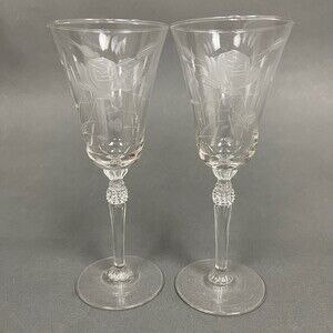 Vintage Clear Wine Glass Glasses Etched Roses Floral Flowers 7" Tall
